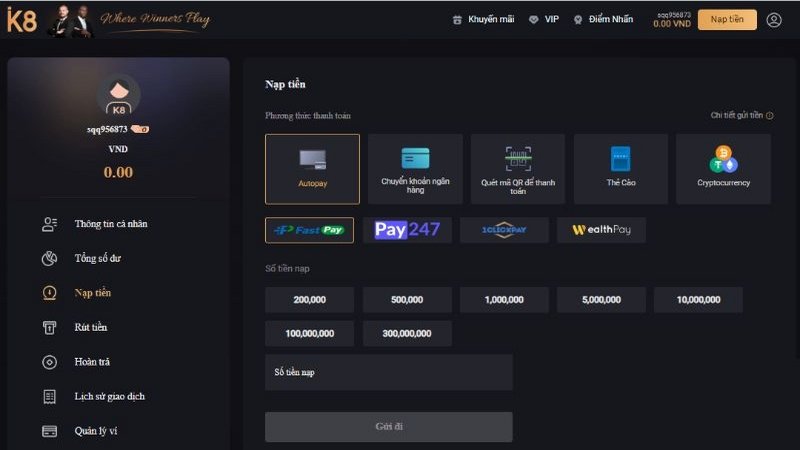 Thực hiện quy trình nạp tiền K8